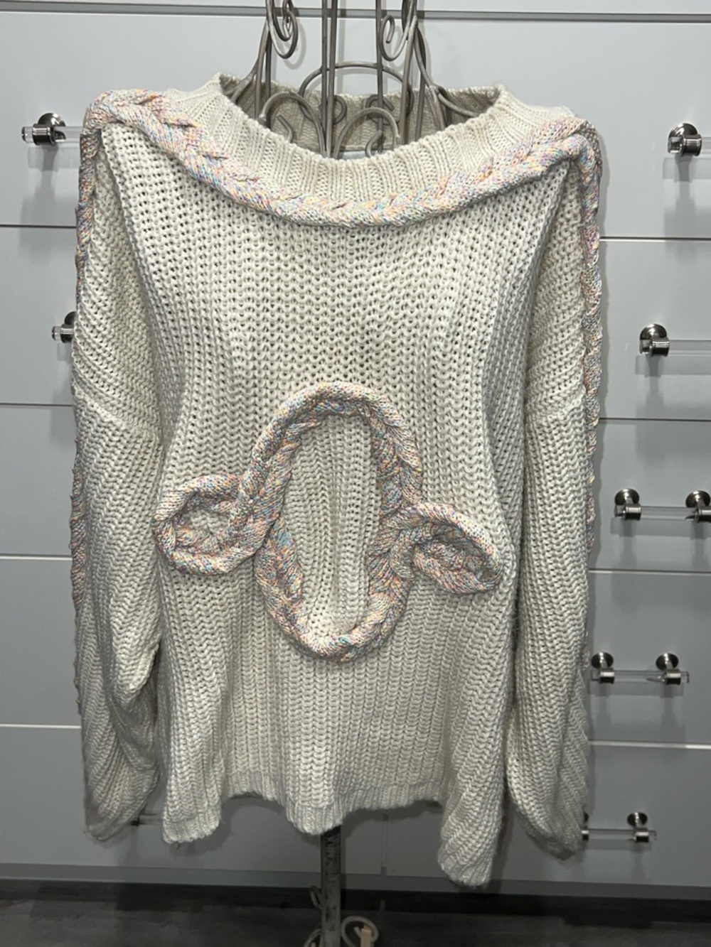 Wildfox Cream Cable Knit Sweater with Pastel Braided Accents, size M